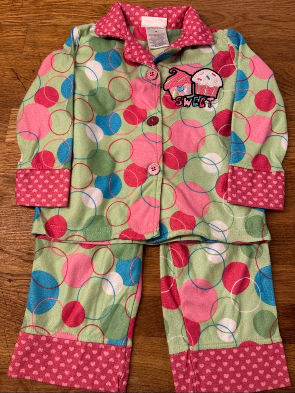 Vintage ‘07 Green, Pink & Blue Polka Dot Pajama Set with Cupcake Applique
